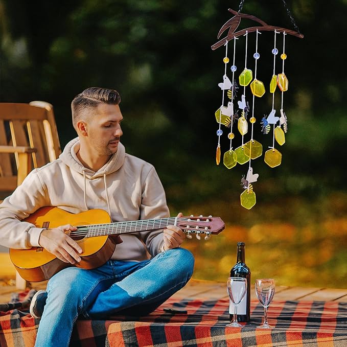 X-PREK 23" Bees Wind Chimes for Outside, Unique Stained Glass Wind Chimes Garden Decor, Windchimes Outdoors Suncatcher Gift for Women, Mom, Grandma, Unisex