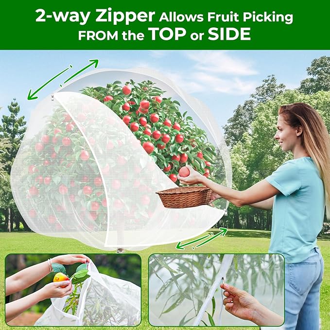 Fruit Tree Netting with 2-Way Zipper & Drawstring - 6.4Ft x 6.4Ft Garden Plant Net Pest Barrier to Prevent Cicadas Bird Squirrel Deer - Bug Protection for Blueberry Tomato with Fine Mesh Insect Cover