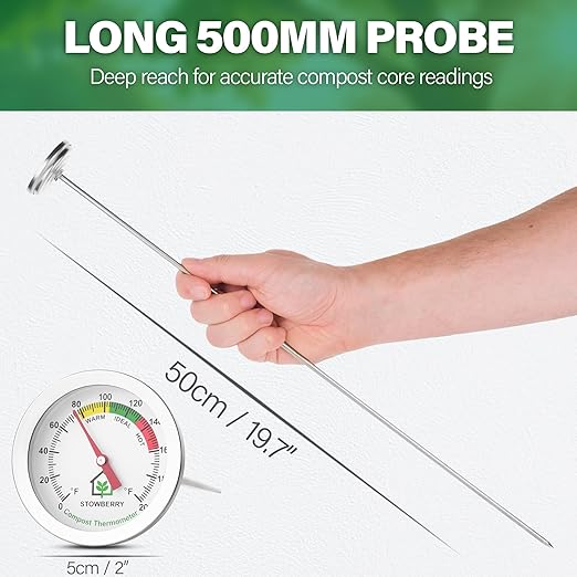 Compost Thermometer 20 Inch – Stainless Steel Soil Temperature Gauge with 2 Inch Dial – Long Probe Thermometer for Garden, Backyard, and Home Composting