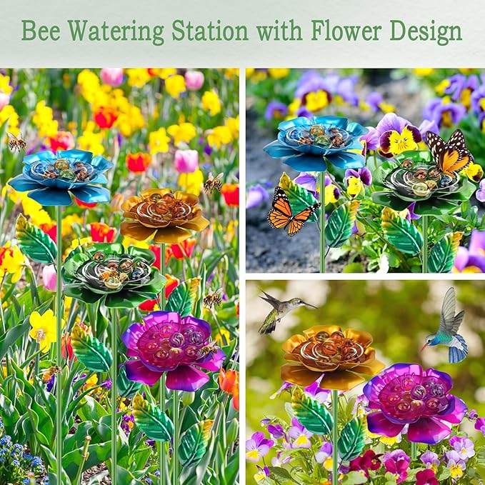 4 Pack Bee Watering Station, Metal Bee Feeder with Glass Marbles, Flower Design Bee Butterfly Watering Station Bee Waterer for Outdoor Garden Courtyard Decors