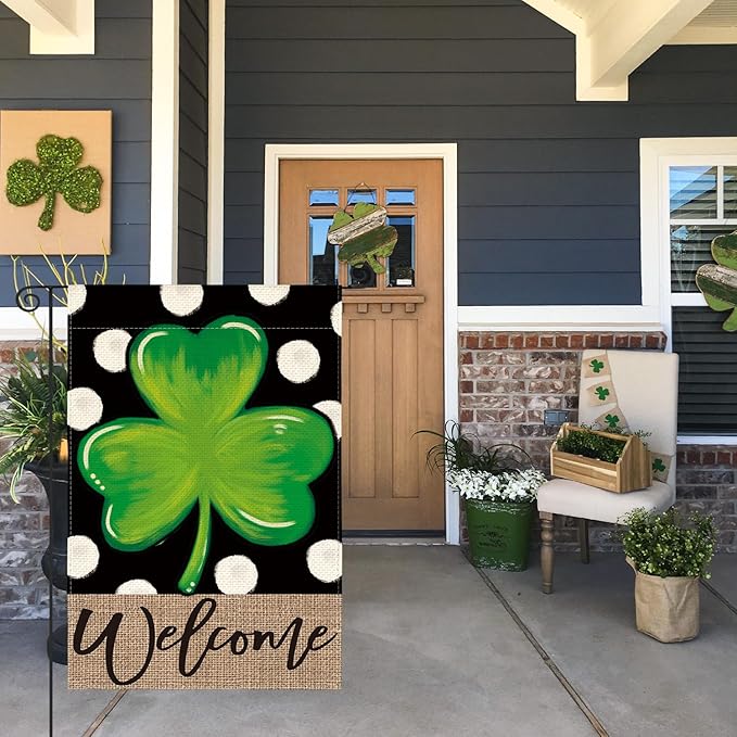 AVOIN colorlife Welcome Lucky Clover St Patricks Day Garden Flag Double Sided, Polka Dot Shamrock Yard Outdoor Flag 12x18 Inch