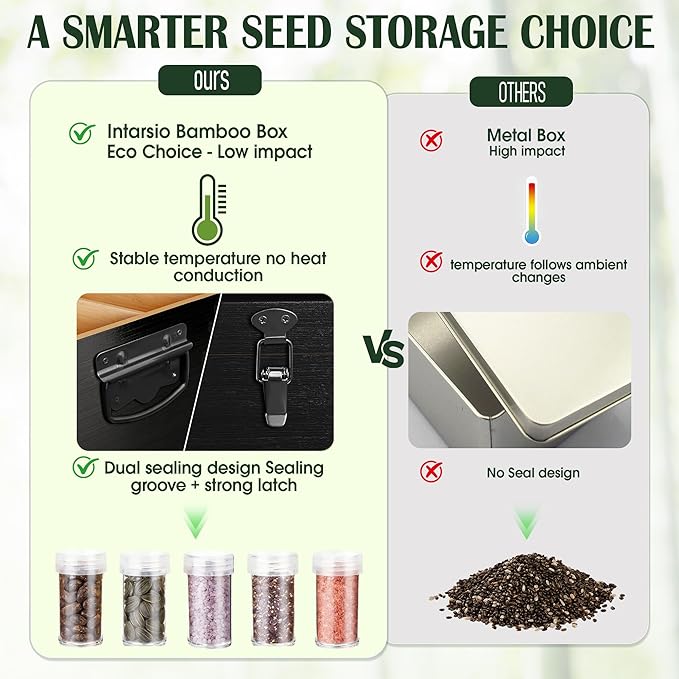 Bamboo Seed Storage Organizer, Large Garden Seed Organizer with Lid & Safety Lock & Handles, Seed Box Storage Organizer Includes Seed Envelopes and Labels etc, Great Gifts Gardening Kit (Black)