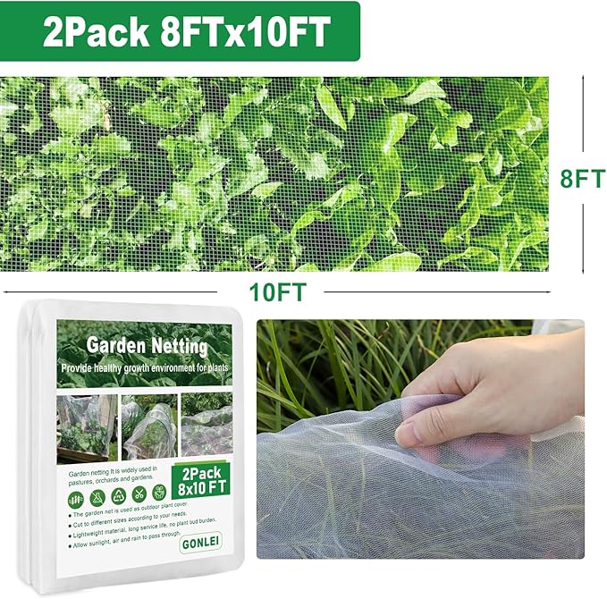 GonLei Garden Netting 2Pack 8X10FTPlants Garden Mesh Berry Netting Outdoor Mosquito Net,Garden Bed Fruit Tree Blueberry Shrubs Netting Plant Covers Row Vegetables Protection Barrier Net