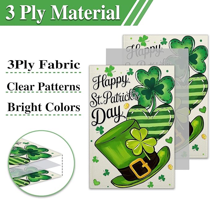 Happy St Patrick'S Day Garden Flag 12×18 Double Sided Shamrocks Garden Flag Clover Hat Gold Coins Flag for Outside Yard House Lawn Outdoor Holiday Sign Decor