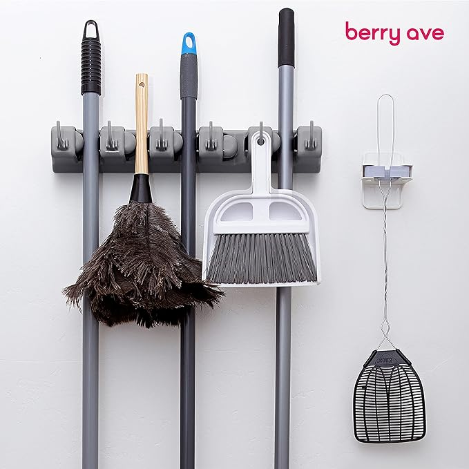 Combo 5 Slot Broom Holder w/ 1 Self Adhesive Mop Gripper No-Drilling, Wall Mount Tool Organizers For Kitchen, Garage, Laundry Room- Anti-Slip Hanger For Brooms, Mops, Rakes, Dustpans (Grey / White)