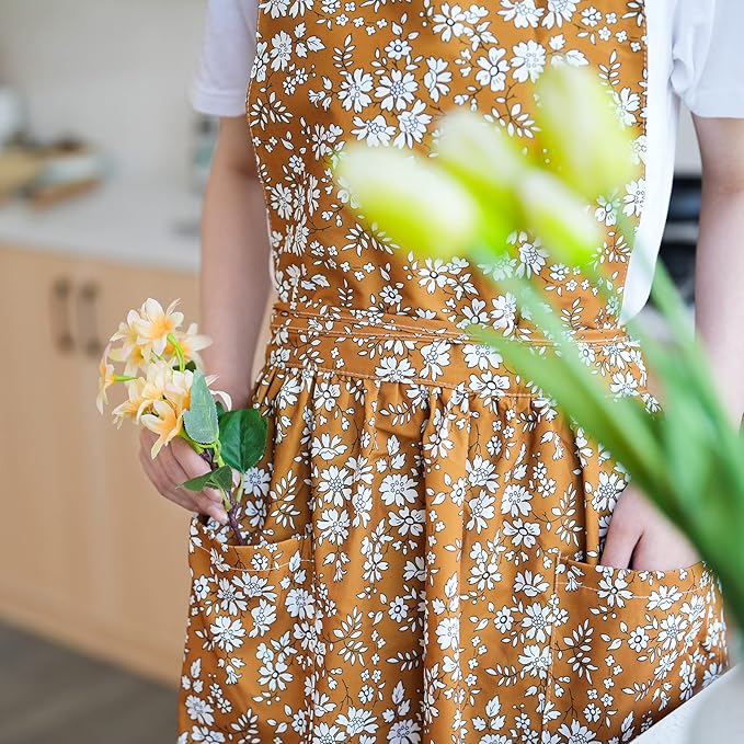 Vintage Pinafore Apron Dress for Women with Pockets Cute Floral Chef Aprons for Kitchen Cooking Baking Gardening