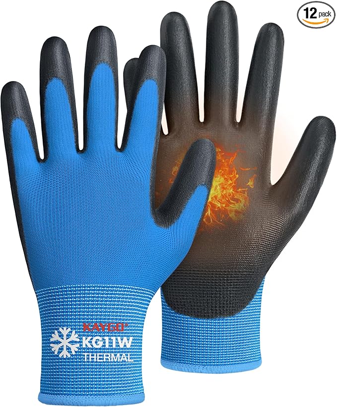 KAYGO 12 Pairs Winter Work Gloves for Men and Women, Thermal Insulated Safety Work Gloves PU Coated, Super Grip,Ideal for Freezer Work,Blue,M