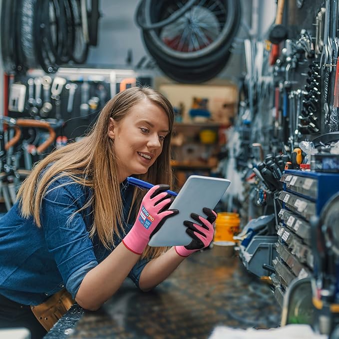 KAYGO Work Gloves PU Coated for Men and Women, 12 Pairs Safety Work Gloves with Two Fingers Touchscreen, Breathable and Lightweight,Ideal for Light Warehouse, Manufacturing, Gardening, KG11P (M,Pink)