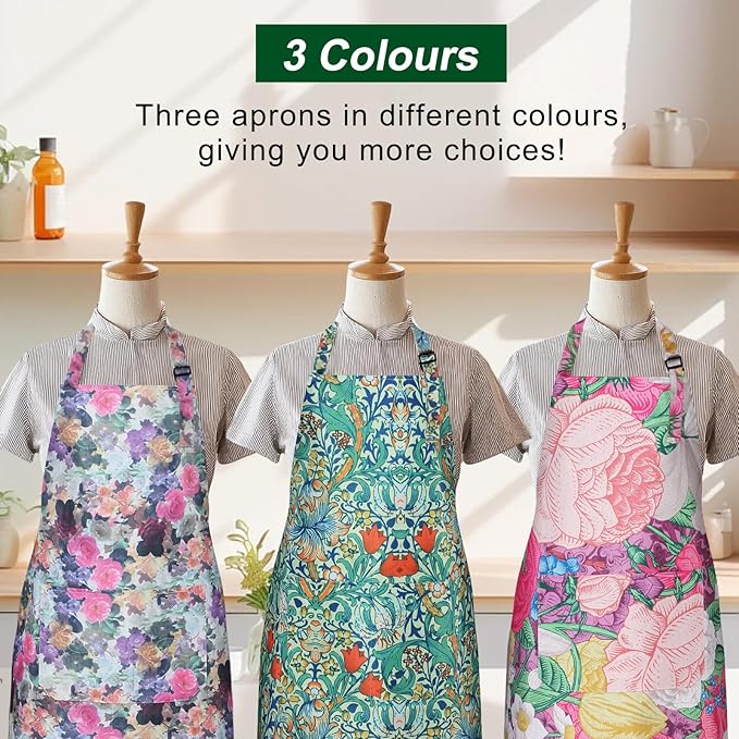 3 Pack Waterproof Floral Aprons for Women, Adjustable Strap Apronwith Pocket Multi-Use for Kitchen, Art, Garden
