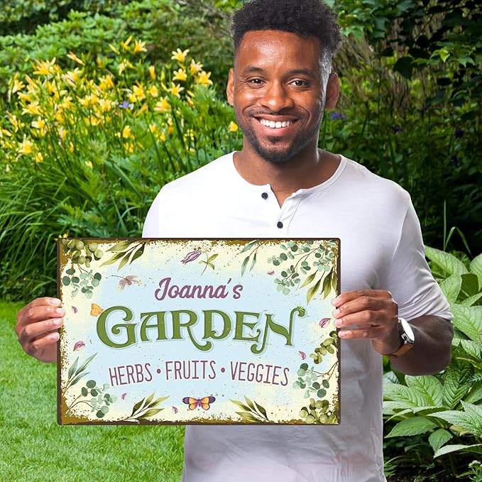 Custom Garden Sign, Present, Personalized Name for Vegetable Patch and Backyard Décor Sign, 12x18 Inches, Rust Free .063 Aluminum, Fade Resistant, Made in USA by Sigo Signs