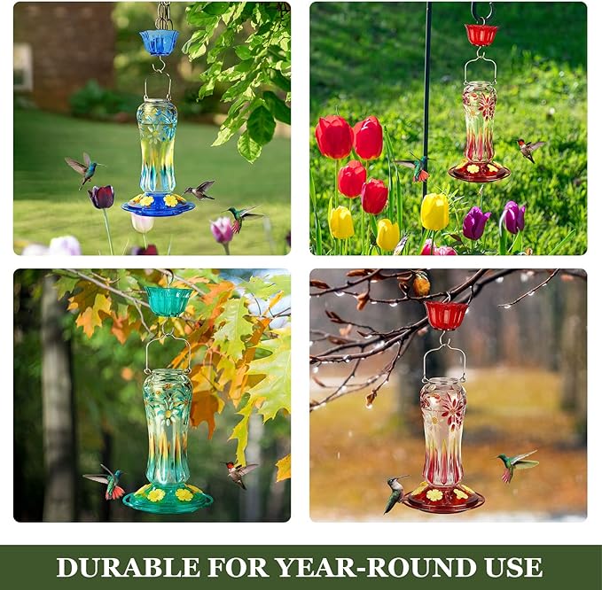 Kingsyard Glass Hummingbird Feeders for Outdoors Hanging, 25 oz Leak Proof Hummingbird Feeder with Ant Moat & 6 Bee Proof Feeding Ports, Turquoise