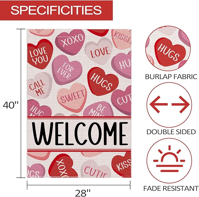 Valentines Day Garden Flag 28x40 Inch Double Sided, Love Hearts Welcome Valentine Decorations Burlap Garden Flags Rustic Anniversary Yard Outdoor Farmhouse Outside
