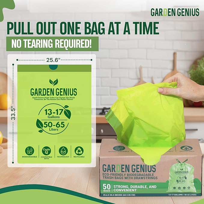 Biodegradable 13-17 Gallon Code-Q Trash Bags (50 Pack) | Strong Heavy-Duty Tall Green Kitchen Bags w/Drawstring | Fits Simplehuman & Standard Cans | Eco-Friendly D2W, 30 Micron Thick | 25.6" x 33.5"