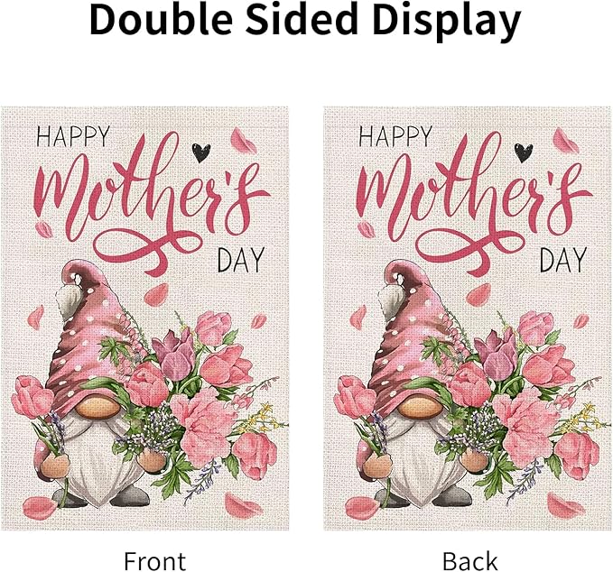 Mother's Day Garden Flag 12x18 Inch - Cute Gnome with Pink Flower Bouquet, Double-Sided "Happy Mother's Day" Outdoor Decor for Patio Yard Mom Gifts