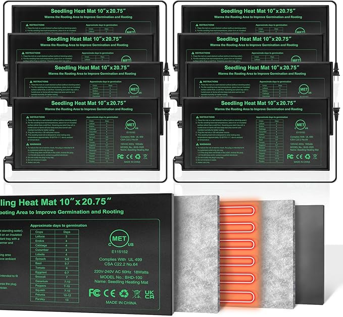 Durable Seedling Heat Mat 10x20.75 inches 8 Pack, Upgraded MET Certified Heat Mat for Plants Seed Germination,Hydroponic, Waterproof Greenhouse Heater, Seed Starter