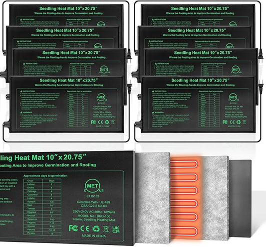 Durable Seedling Heat Mat 10x20.75 inches 8 Pack, Upgraded MET Certified Heat Mat for Plants Seed Germination,Hydroponic, Waterproof Greenhouse Heater, Seed Starter