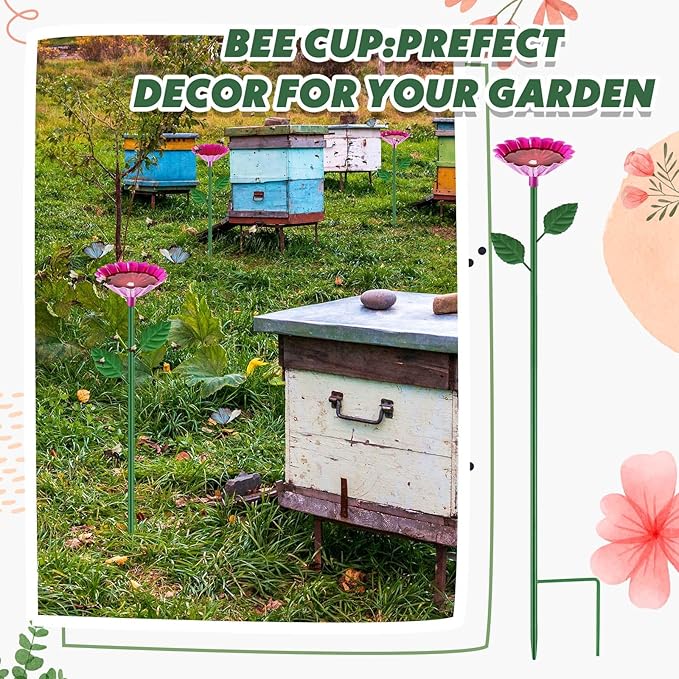 Tandefio 1 Pcs Bee Bath Watering Station, 25 x 2.6 Inch, Metal Flower Bee Feeder for Garden, Colorful Butterfly Feeder & Outdoor Pollinator Station for Birds, Bees & Butterflies(Rose Red)