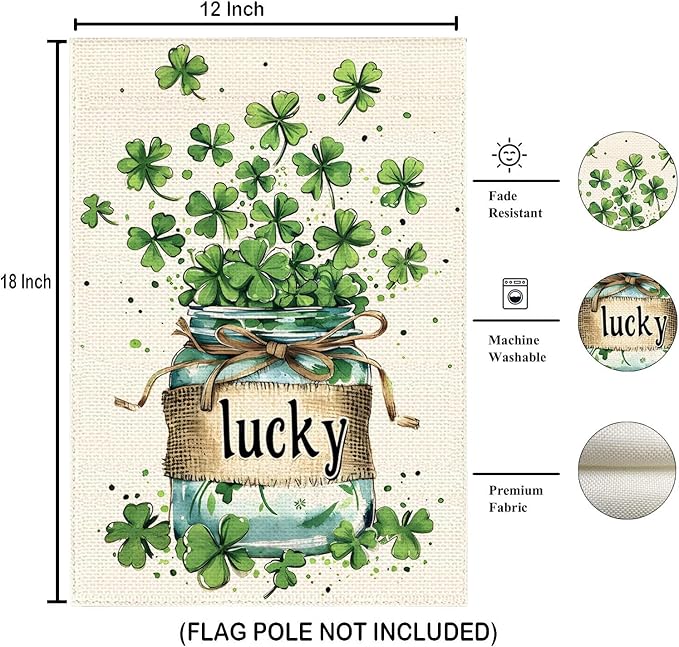 St Patricks Day Garden Flags for Outside, Irish Green Hat Lucky Shamrocks Yard Decoration, Small Seasonal Outdoor Decor for Farmhouse Holiday,12x18 Inch Double Sided