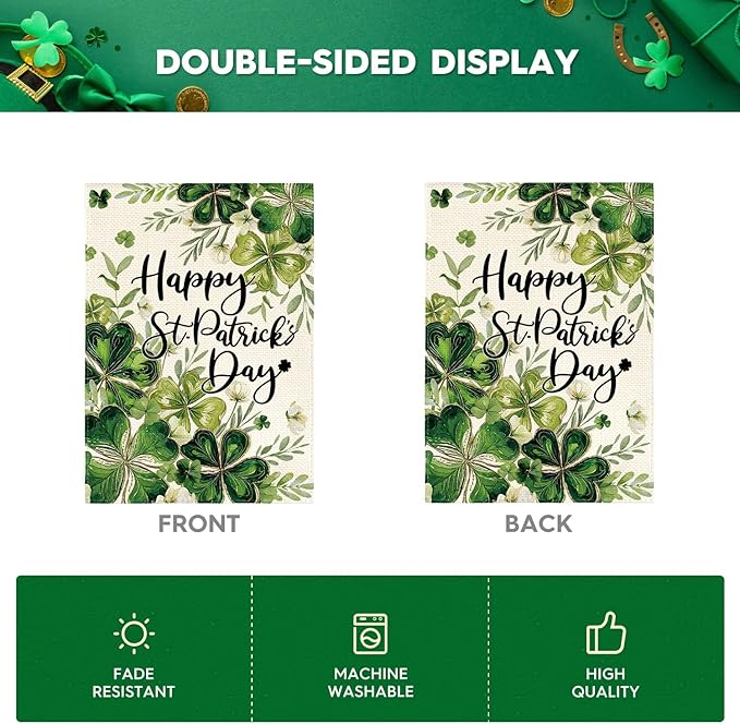 AVOIN colorlife Happy St Patricks Day Floral House Flag 28x40 Inch Double Sided Outside, Shamrock Lucky Clover Holiday Yard Outdoor Flag