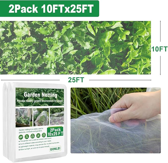 GonLei Garden Netting 2pack 10x25FT Fruits Tree Netting for Garden Protection,Garden Mesh Netting Plants Blueberry Shrubs Berry Barrier Mosquito Vegetables Covers Row Raised Bed Patio Mesh Net