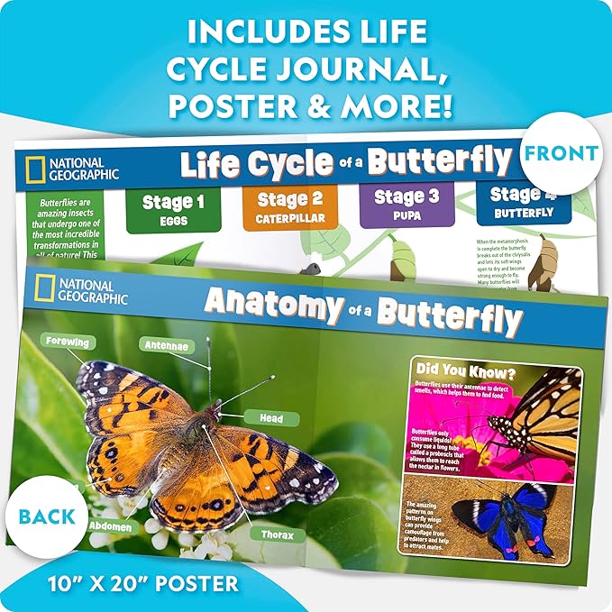 National Geographic Ultimate Butterfly Growing Kit – Butterfly Habitat Kit with Voucher to Redeem 5 Caterpillars (S&H Not Included), Glow-in-The-Dark Figures, Hands-On Activity, Easter Gifts for Kids