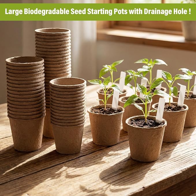 30 Packs 5" Large Biodegradable Seed Starter Pots Organic Planting Peat Nursery Pots with Drainage and Tags Garden Plant Nursery Seed Starting Trays for Seeding Germination