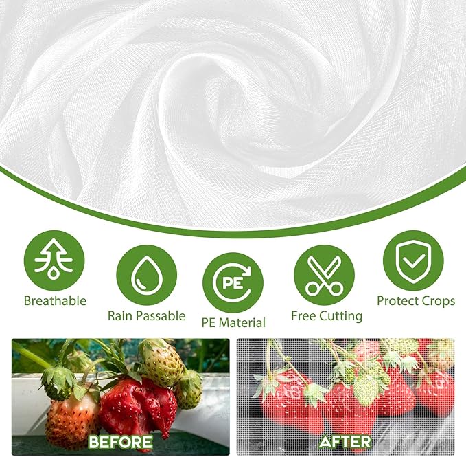 Unves Garden Netting, 10' x 50' Ultra Fine Mesh Bird Netting for Garden, Insect Mosquito Net for Patio Protection, Pests Bugs Plant Covers for Vegetable Plants Fruit Trees Berry Bushes Raised Beds