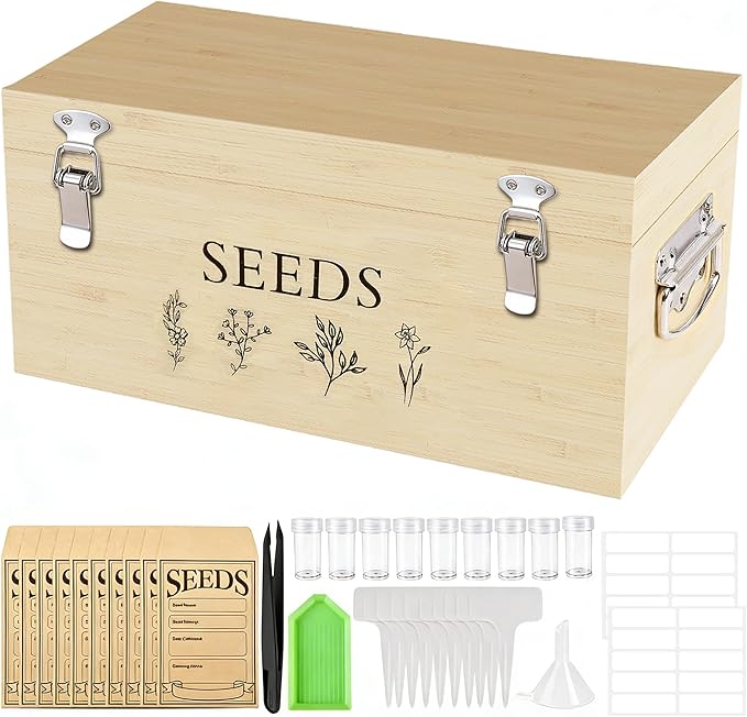 Bamboo Seed Storage Box, Large Garden Seed Organizer with Lid & Safety Lock & Handles, Seed Box Storage Organizer Includes Seed Envelopes and Labels etc, Great Gifts Gardening Kit (Wood)