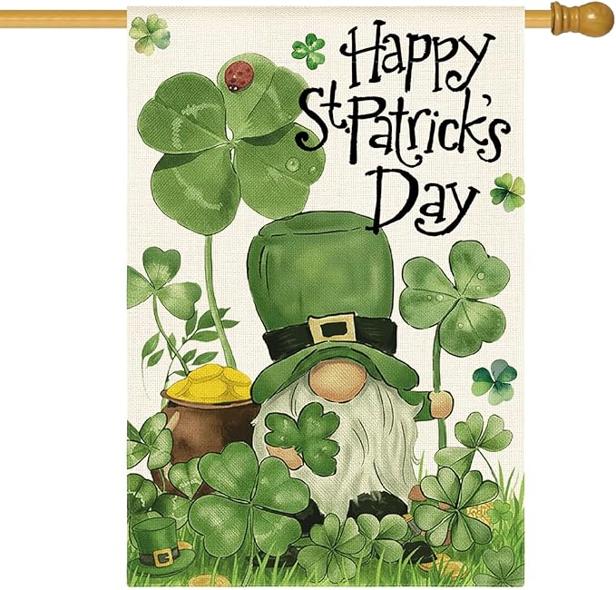 AVOIN colorlife Happy St Patricks Day House Flag 28x40 Inch Double Sided Outside, Leprechaun Gnome Lucky Clover Holiday Yard Outdoor Flag