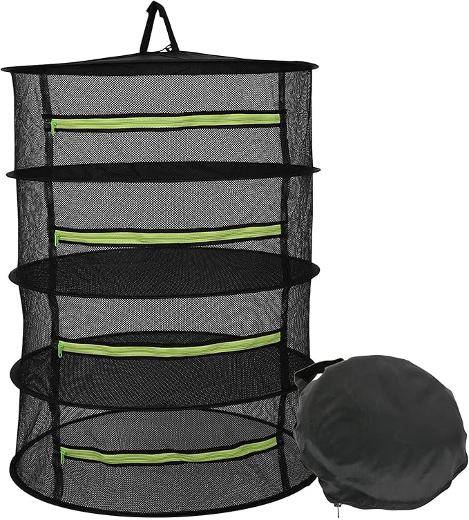 Herb Drying Rack, 4-Layer Collapsible Mesh Hanging Dryer Net with Zippers, Compartment for Herbs, Flowers, Vegetables, Spices, Fish, Food, Fiting in Grow Tents, Garden Outdoor Harvest, 24"