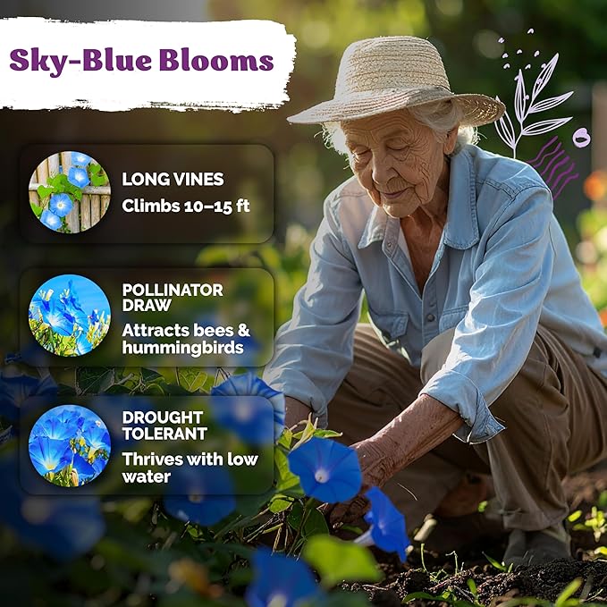 KVITER 150 Heavenly Blue Morning Glory Seeds Bulk (Ipomoea Tricolor) – Heirloom Seed Packets – Climbing Flower Seeds for Planting Outside, Blue Blooms for Home Garden Trellises, Fences