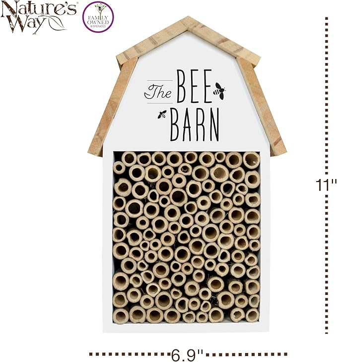 Nature's Way Wooden Bee House for Outdoor Décor, Beneficial Insects and Pollinators, Mason Bee, Leafcutter Bee, White
