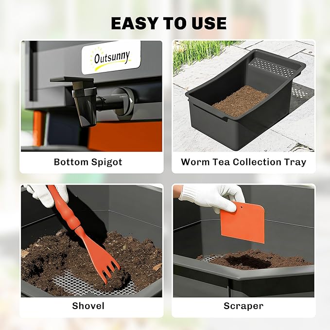 Outsunny 4-Tray Worm Composter Bin, 7.4 Gal Outdoor & Indoor Worm Composter, Farm Starter Kits for Vermicomposting Starter, Garden Composting Bin for Recycling Food Waste, Orange