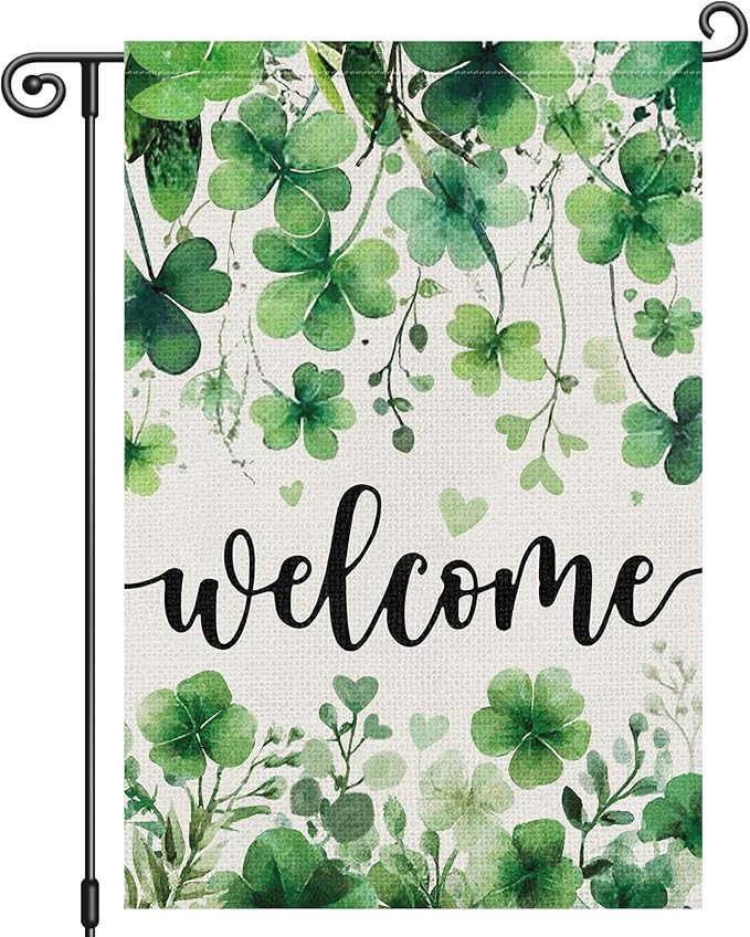 Louise Maelys St Patrick's Day Garden Flag Shamrock Clover Welcome 12x18 Inch Double Sided Small Burlap Love Heart Saint Patricks Spring Holiday Yard Outdoor Sign Outside House Decor