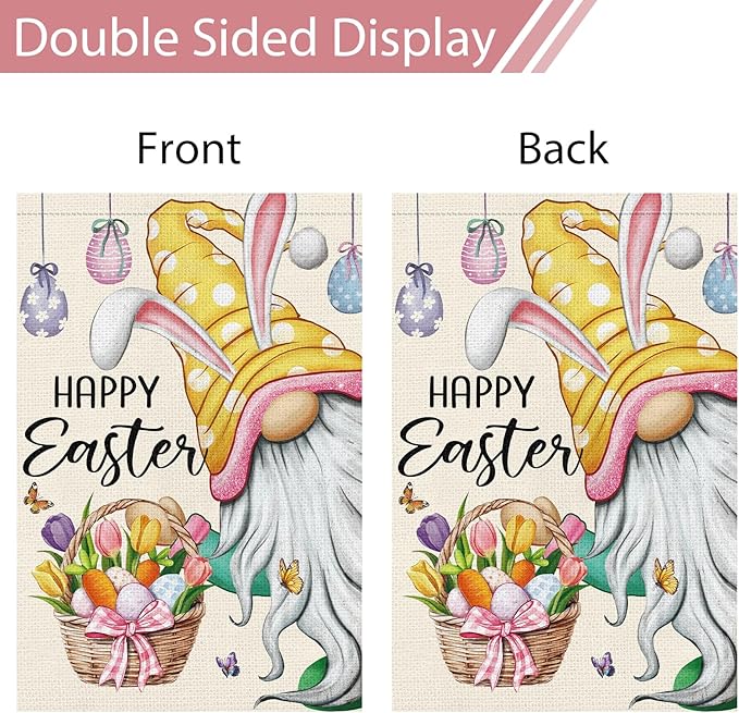 Heyfibro Happy Easter Gnome with Rabbit Ears Garden Flag 12x18 Double Sided Burlap, Funny Bunny Floral Small Yard Flag Easter Egg Banner for Easter Holiday Farmhouse Yard Outdoor Decor(ONLY FLAG)