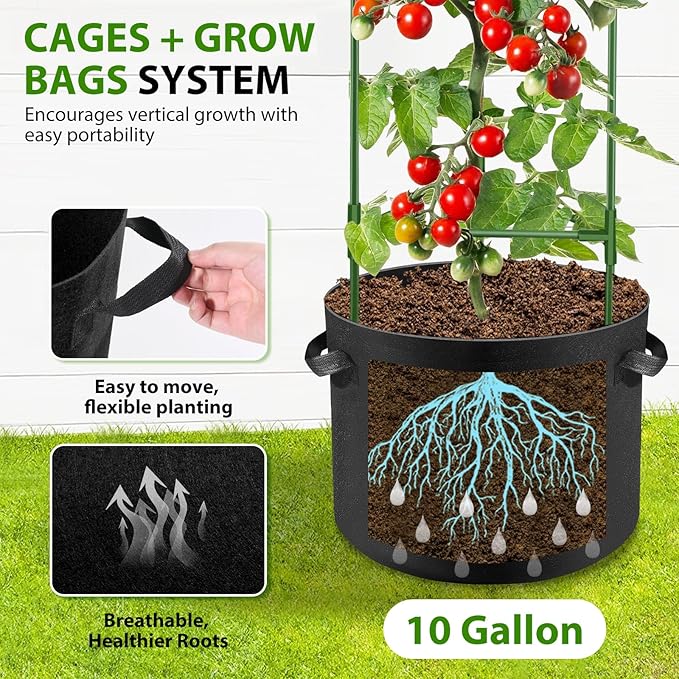 Suntee 3 Pack Tomato Cage with 10 Gallon Grow Bags, 48 Inch Tomato Cages for Garden Patio Balcony, Adjustable Height Tomatoes Plant Support for Climbing Vegetables Plants Flowers