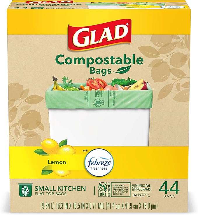 Glad Trash Bags, Kitchen Compost Bags 2.6 Gallon Garbage Bags, 100% Compostable Bag, Febreze Lemon, 44 Count (Package May Vary), Light Yellow