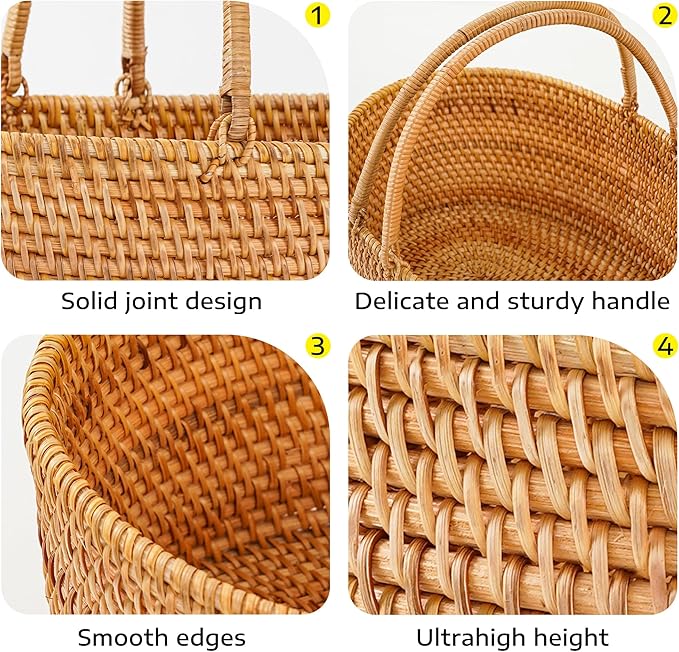 Handwoven Rattan Picnic Basket Sturdy Handles, Oval Storage Organizer for Camping, Wedding, Home, Kitchen(15"×13"×7")