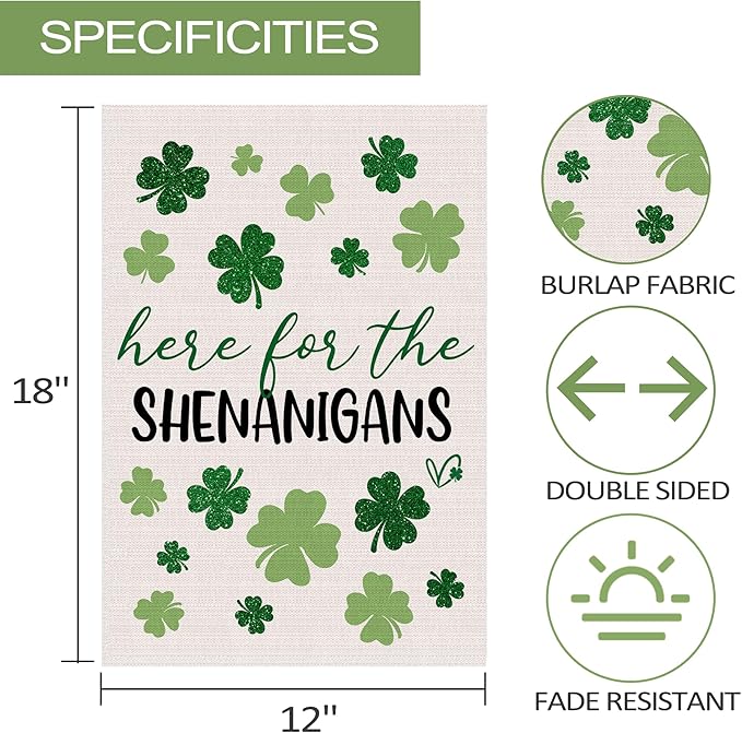 St Patricks Day Garden Flag 12x18 Inch Double Sided Outside, Here For The Shenanigans Shamrocks Clovers Burlap Flag Decorations Outdoor Yard Decor