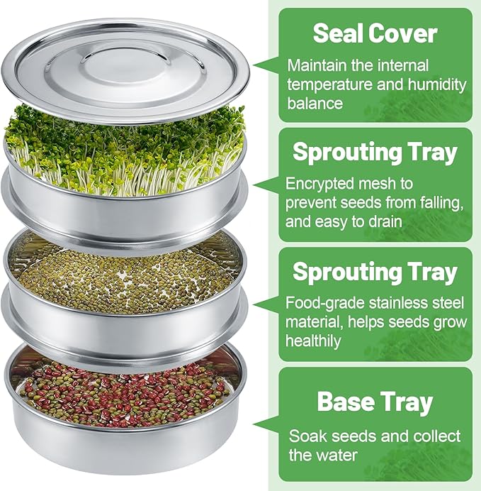 Stainless Steel Seed Sprouting Kit - 3-tier Microgreens Growing Tray 6in Dia, Stackable Round Seed Sprouter Maker with Encrypted Mesh, Sprouts Grower for Beans Broccoli Alfalfa Seeds Wheat Grass