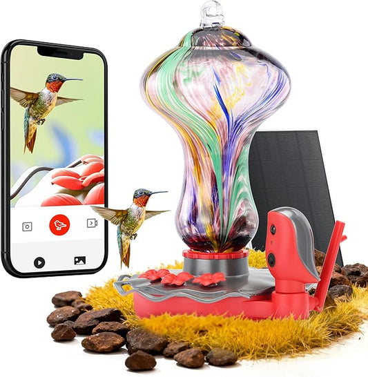 TT Nature Glass Smart Hummingbird Feeder with Camera Solar Powered 2K- AI Identify & Water Detection, Instant Notification, Leakproof & Ant Moat, Compatible with Alexa & Google Assistant