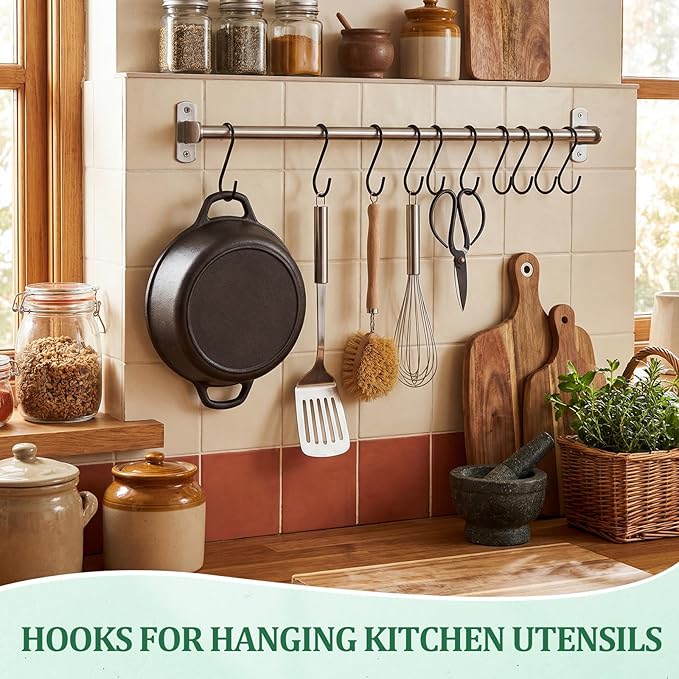 12 Pack 6 Inch Black S Hooks for Hanging Pots and Pans, Vinyl Coated Metal Kitchen Pot Rack Hooks Heavy Duty Hangers for Closet Jeans Utensils Coffee Mugs Plants