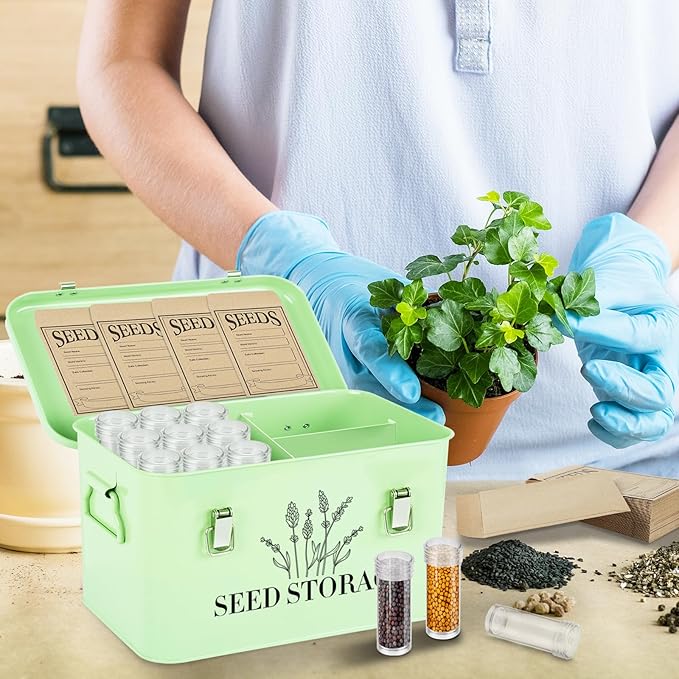 20 Slots Seed Storage Box with 3 Dividers, Metal Seed Storage Organizer Saving Box, Seeds Packet Container, Professional All-in-one Kit with 20 Seeds Envelopes and 60 Label Stickers