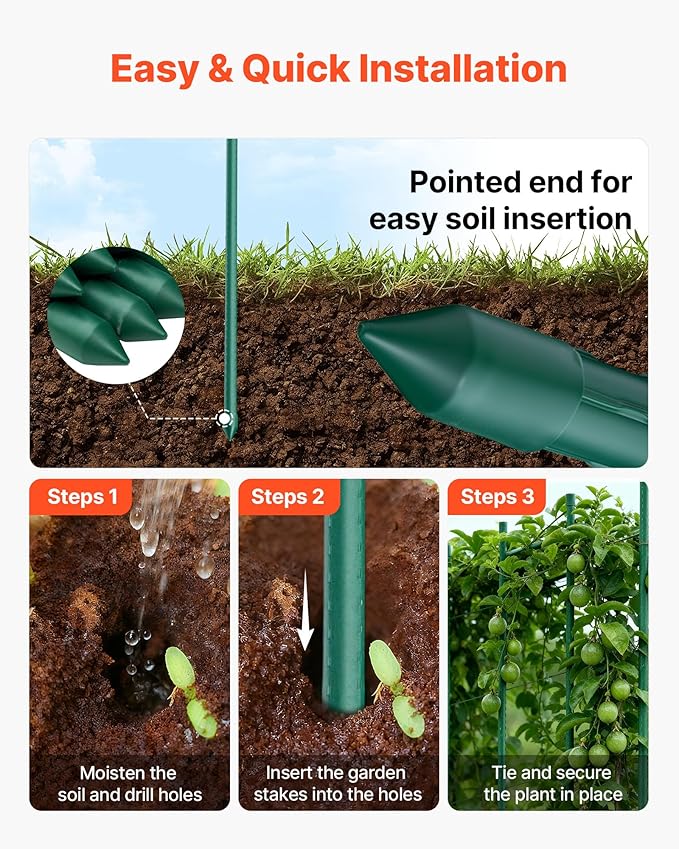 VEVOR Garden Stakes, 25 Pack, 82.68 inch, Plastic Coated Metal Tomato Stakes, Garden Sticks for Plants Support, with Pointed End and Non-Slip Bumps for Growing Climbing Plants, Outdoor Vegetables