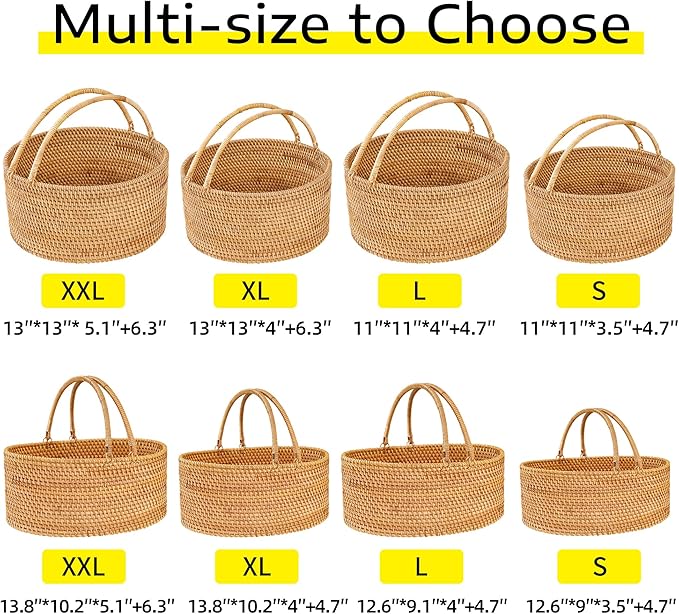 Handwoven Rattan Picnic Basket Sturdy Handles, Oval Storage Organizer for Camping, Wedding, Home, Kitchen(15"×13"×8")