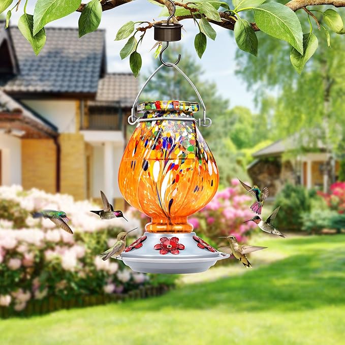 BOLITE Hummingbird Feeder, Hand Blown Glass Hummingbird Feeders for Outdoors Hanging, with 5 Feeding Ports, 22 Ounces, Orange, Birthday Gifts for Women Men, Gifts for Mom Dad