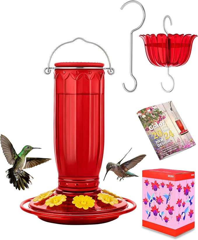 iBorn Hummingbird Feeders for Outdoors Hanging with Ant Moat for Hummingbird Feeder Glass 8 Ports for 16oz Humming Bird Nectar,Yellow Flowers Red Glass, Pack of 1