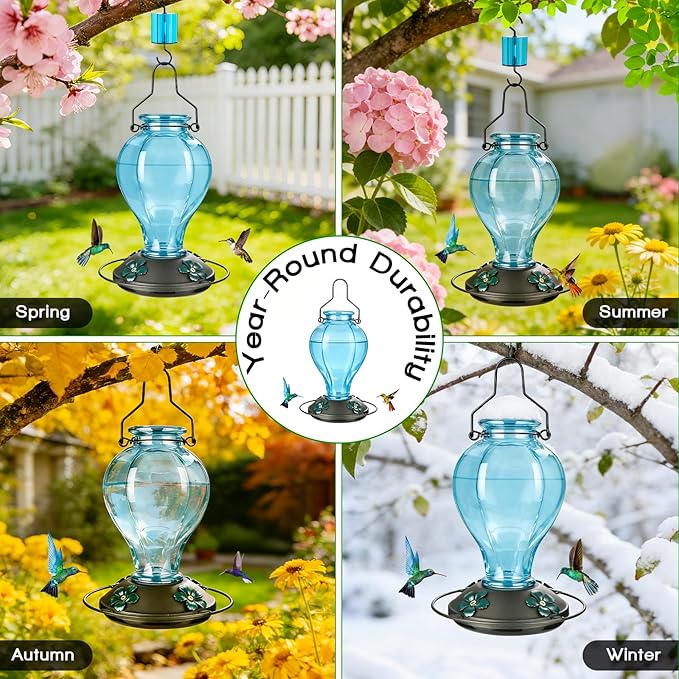 Glass Hummingbird Feeders for Outdoors Hanging, 24oz Wild Bird Nectar Feeder with Ant Moat and 360° Perch, Bee-Resistant Ports,Outside Garden Decor,Colorful Gifts for Women Mom, 1 Pack, Blue