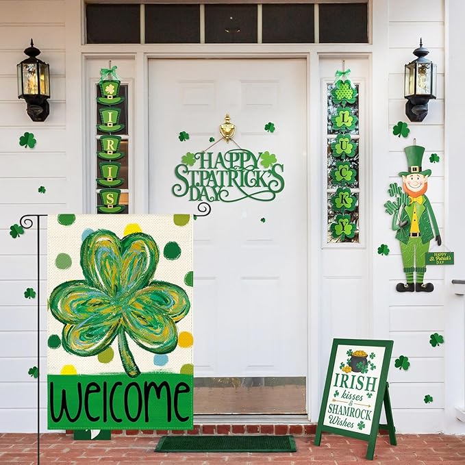AVOIN colorlife St Patricks Day Garden Flag 12x18 Inch Double Sided Outside, Shamrock Clover Polka Dots Welcome Yard Outdoor Flag