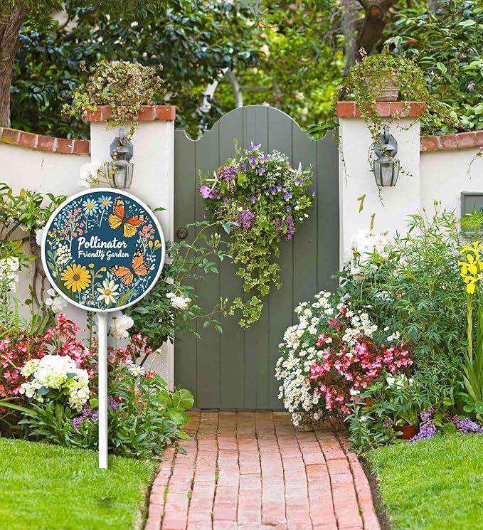 Pollinator Friendly Garden Sign with Stake Outdoor Aluminum Yard Sign Rustproof Aluminum Metal Sign Fade Resistant Lawn Decoration 9.2x9.2inch
